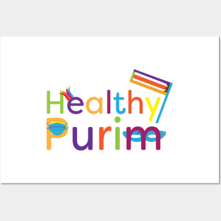 Colorful healthy Purim greeting with grogger, mask, clown hat and face mask Posters and Art